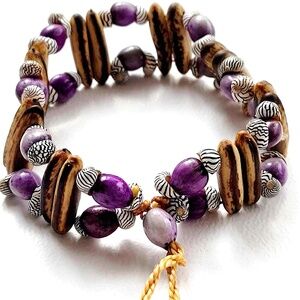 Handmade Natural Colours & Purple Shells Beaded Ajustable Wrap Bracelet
